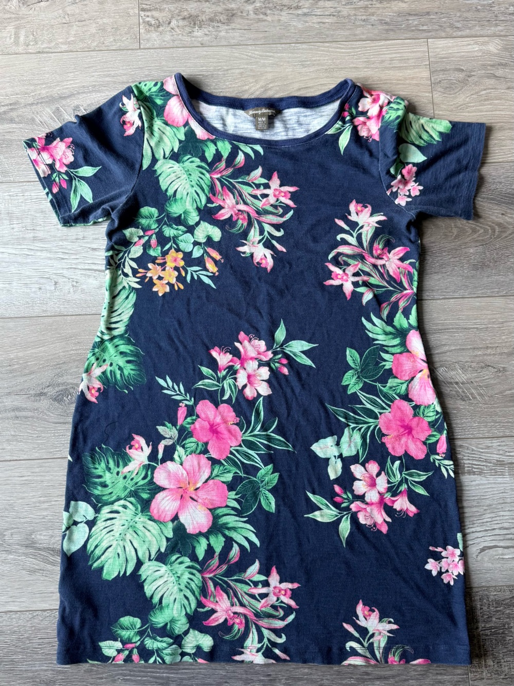 Tommy Bahama Tropical Floral T-Shirt Dress Navy Pink Green Size Medium